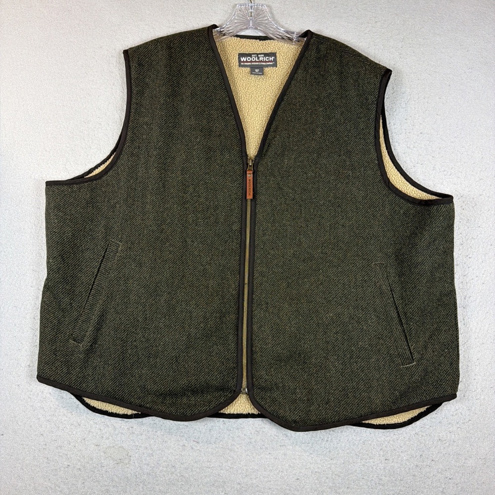 Woolrich Vest Mens 2XL Green Wool Blend Sherpa Lined Tweed Full Zip